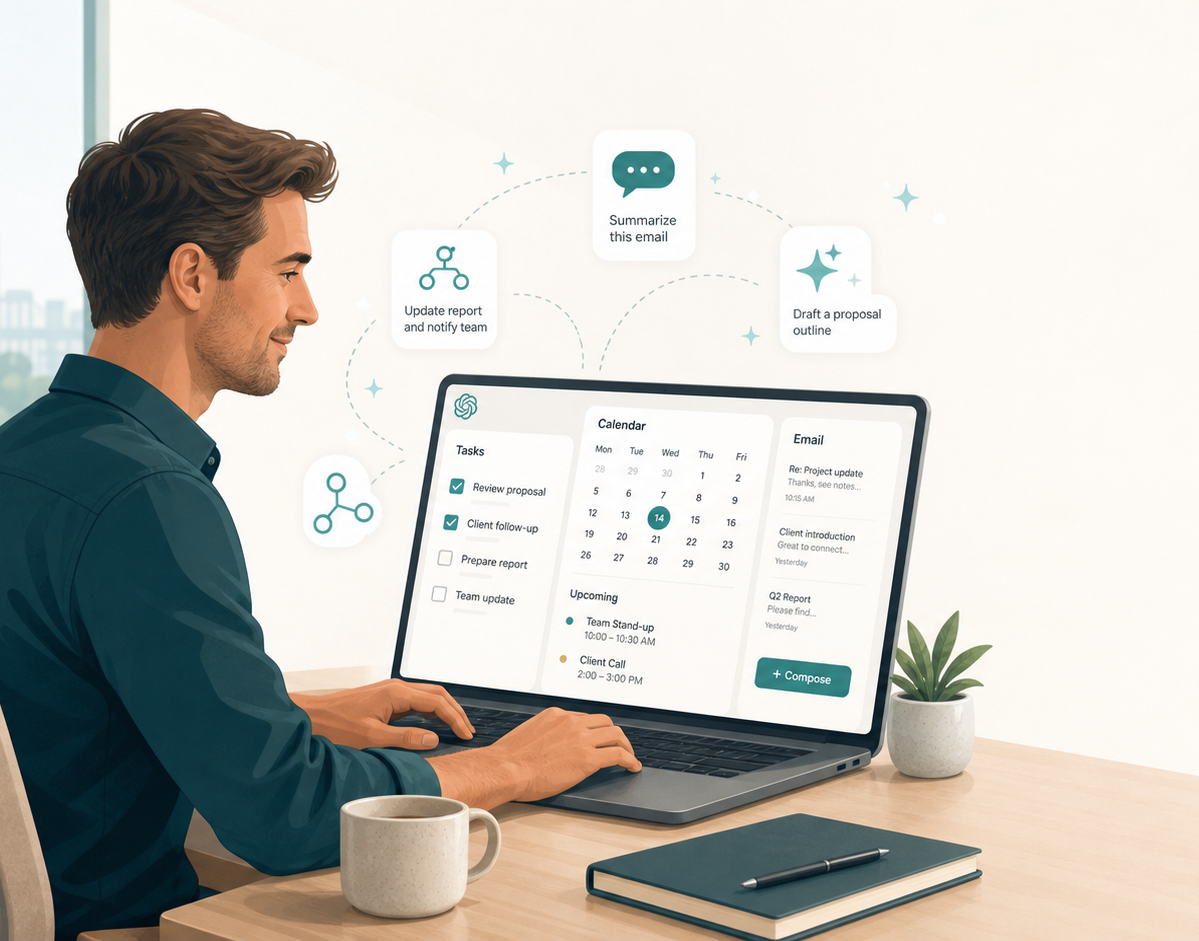 Business professional using AI tools for tasks, calendar, and email on a laptop