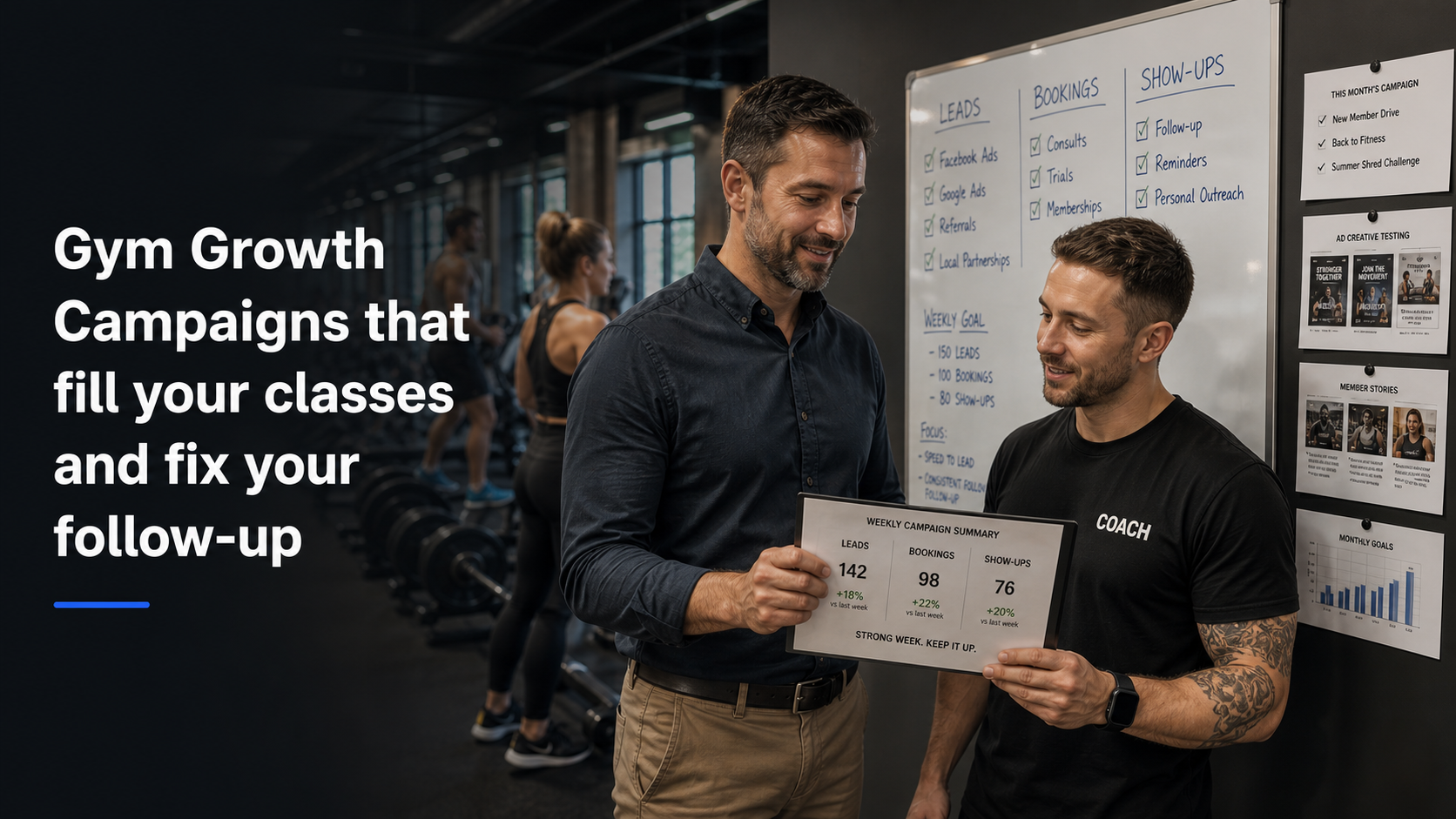 WGP consultant reviewing a weekly gym campaign summary with a coach