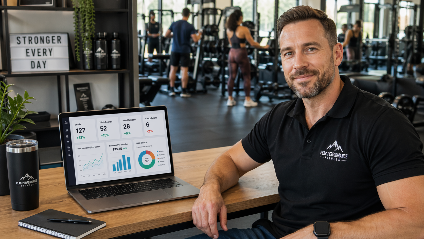 Gym owner reviewing KPI dashboard on a laptop in a fitness facility